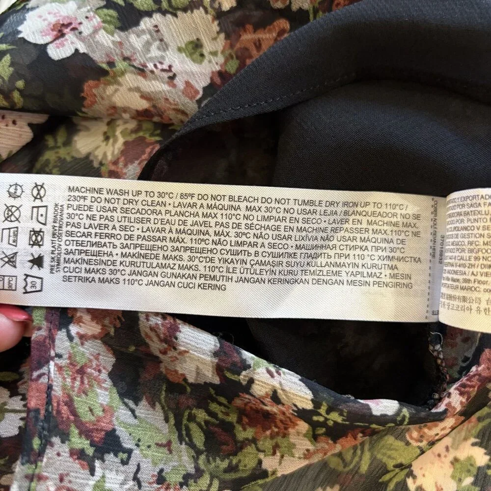 Mango Floral Print Sheer Blouse US 12 Black Multicolor Long Sleeve Lightweight - Picture 9 of 12